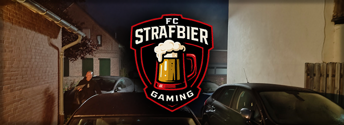 Strafbierlogo mit vollem Parkplatz im Hintergrund